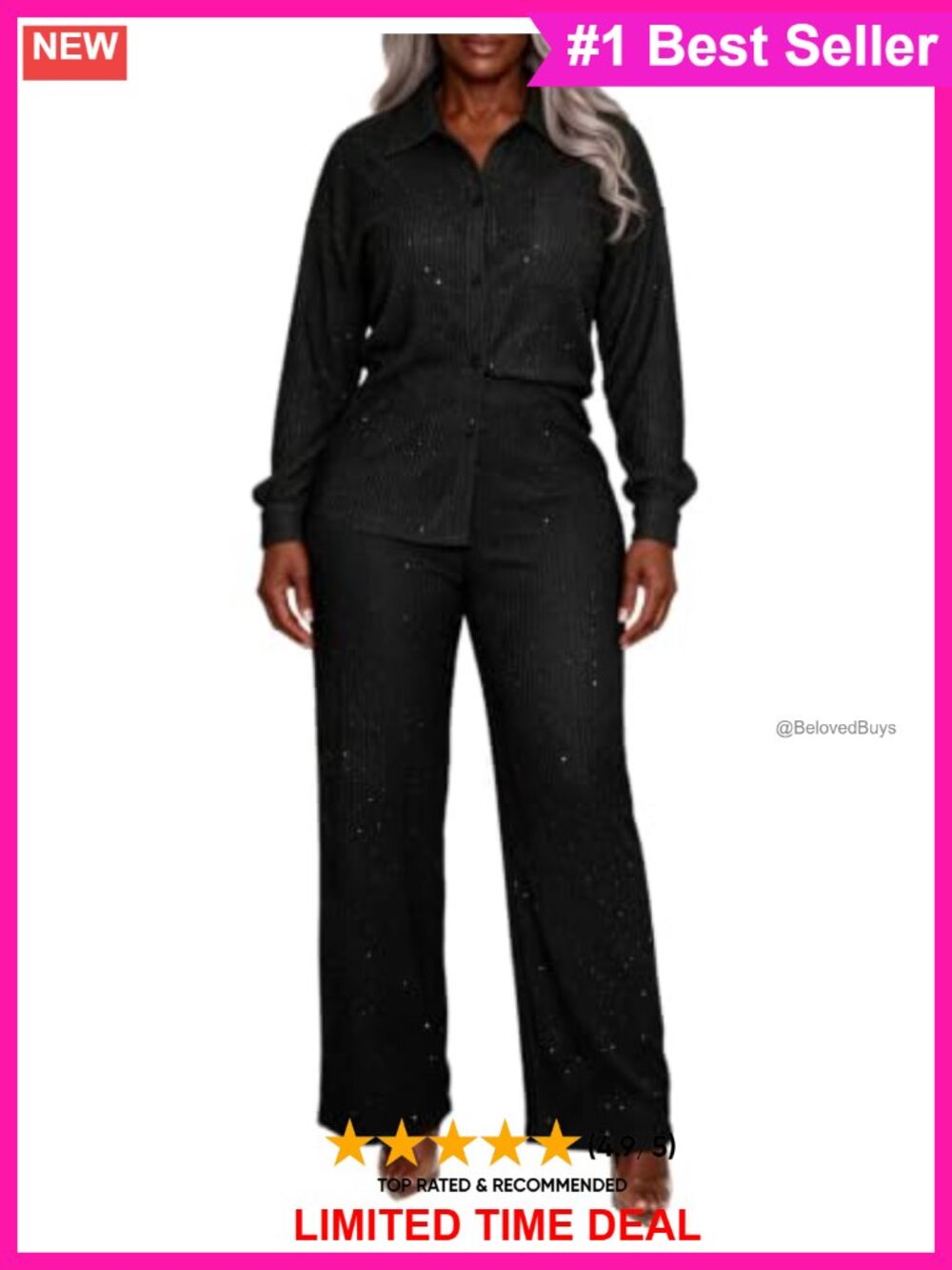 Rhinestone Sequin Button Down Shirt & Wide Leg Pants Set